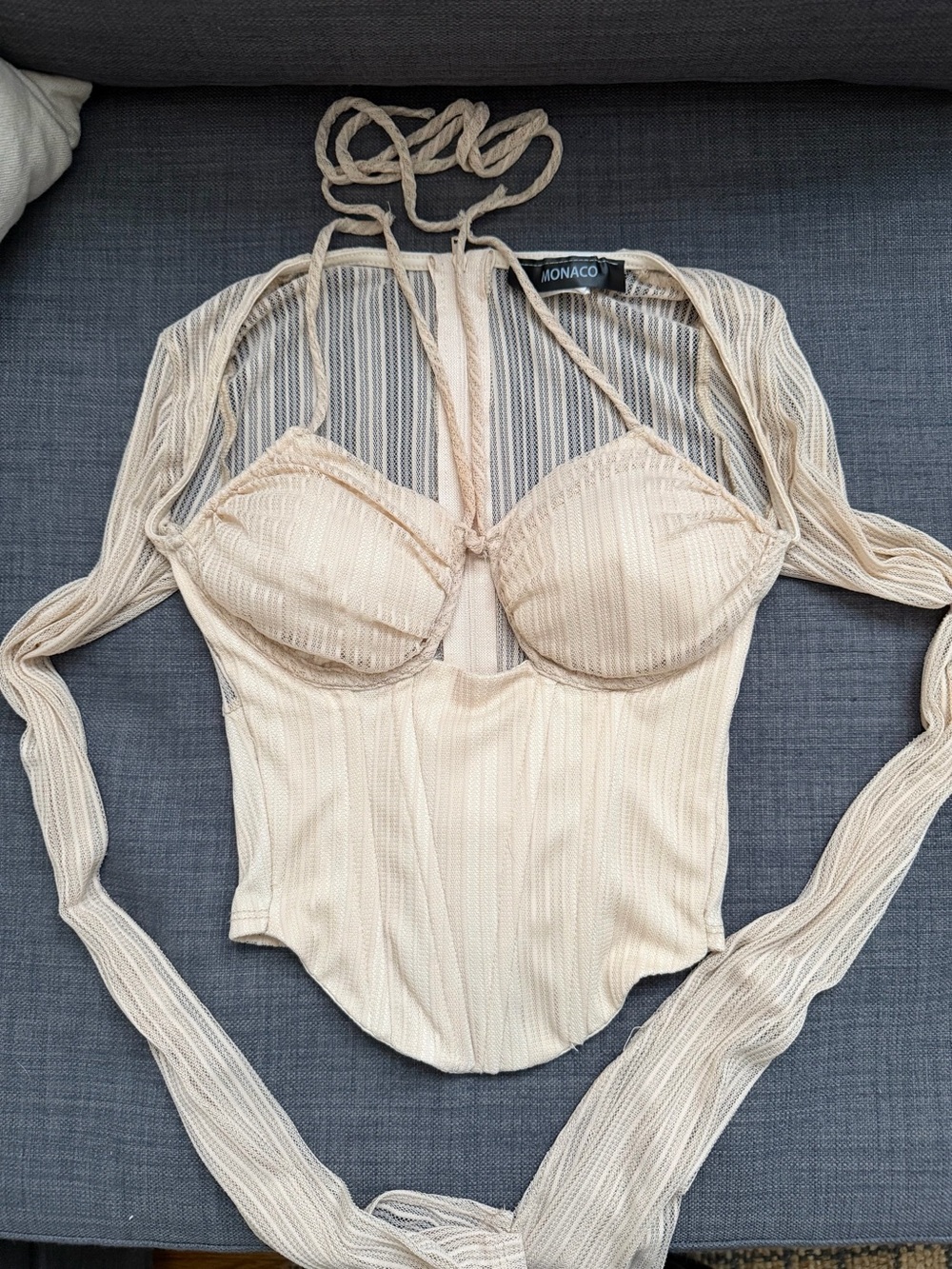 monaco Cream Halter Bustier Bodysuit with Sheer Long Sleeves